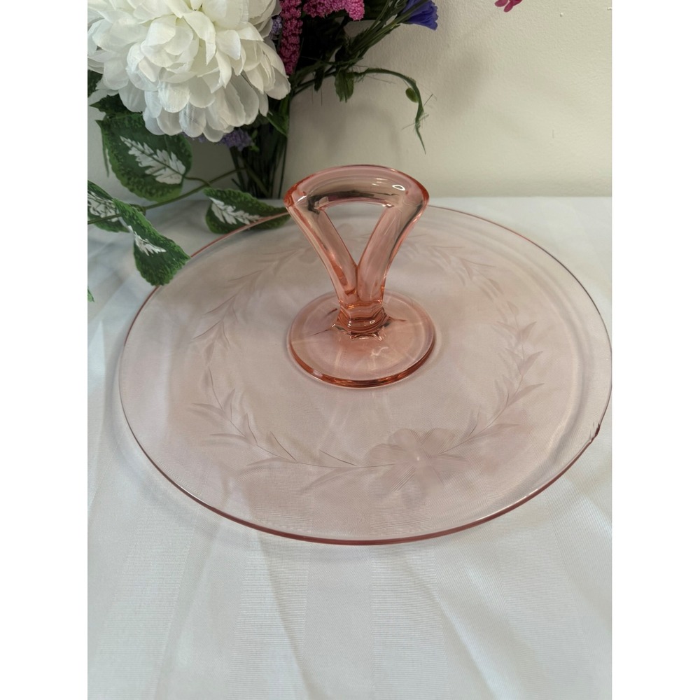 Vintage Pink Depression Glass Etched‎ Handle Serving Platter